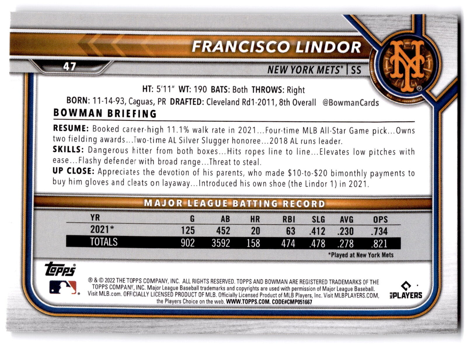 2022 Bowman #47 Francisco Lindor 