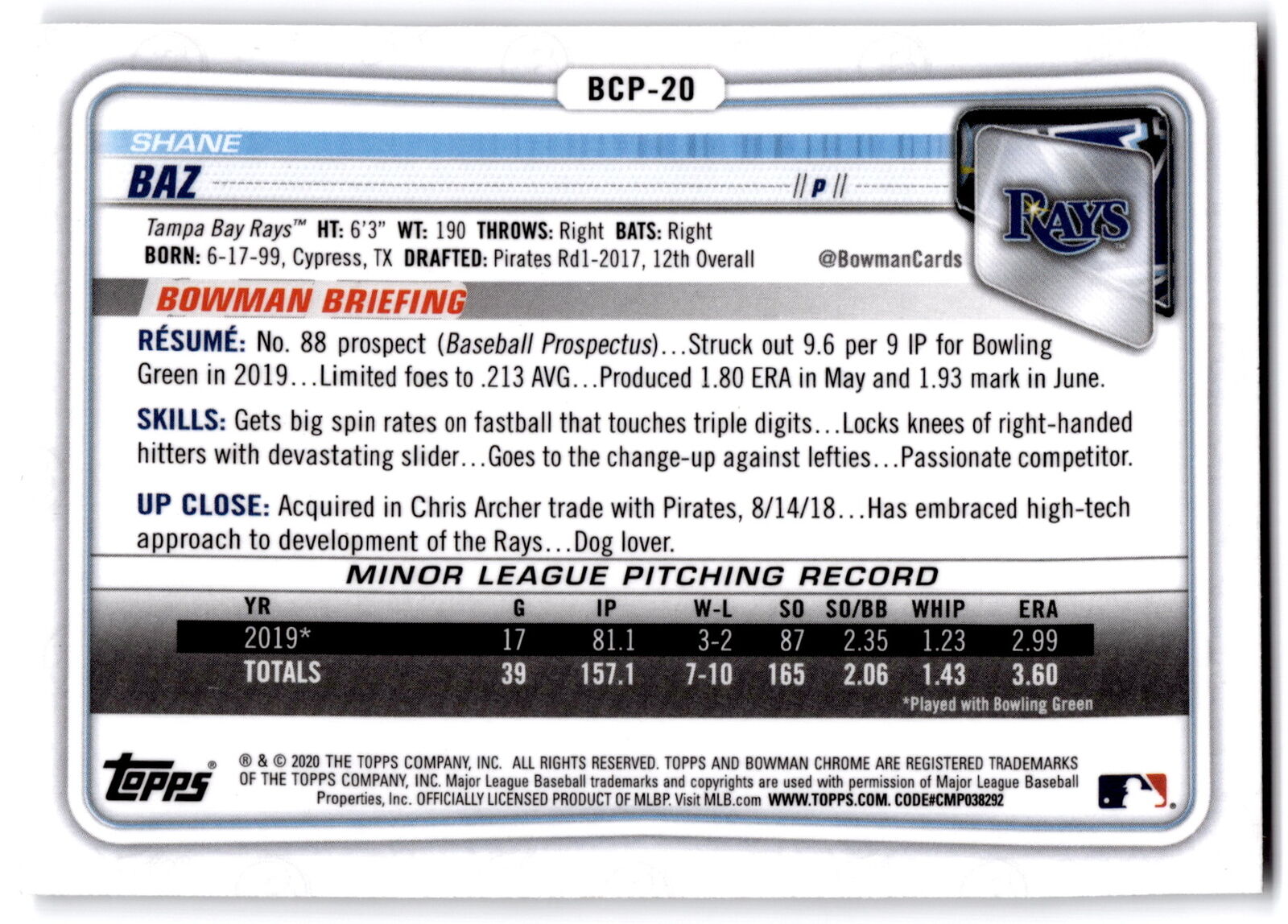 2020 Bowman #BCP-20 Shane Baz Chrome Prospects NRMT