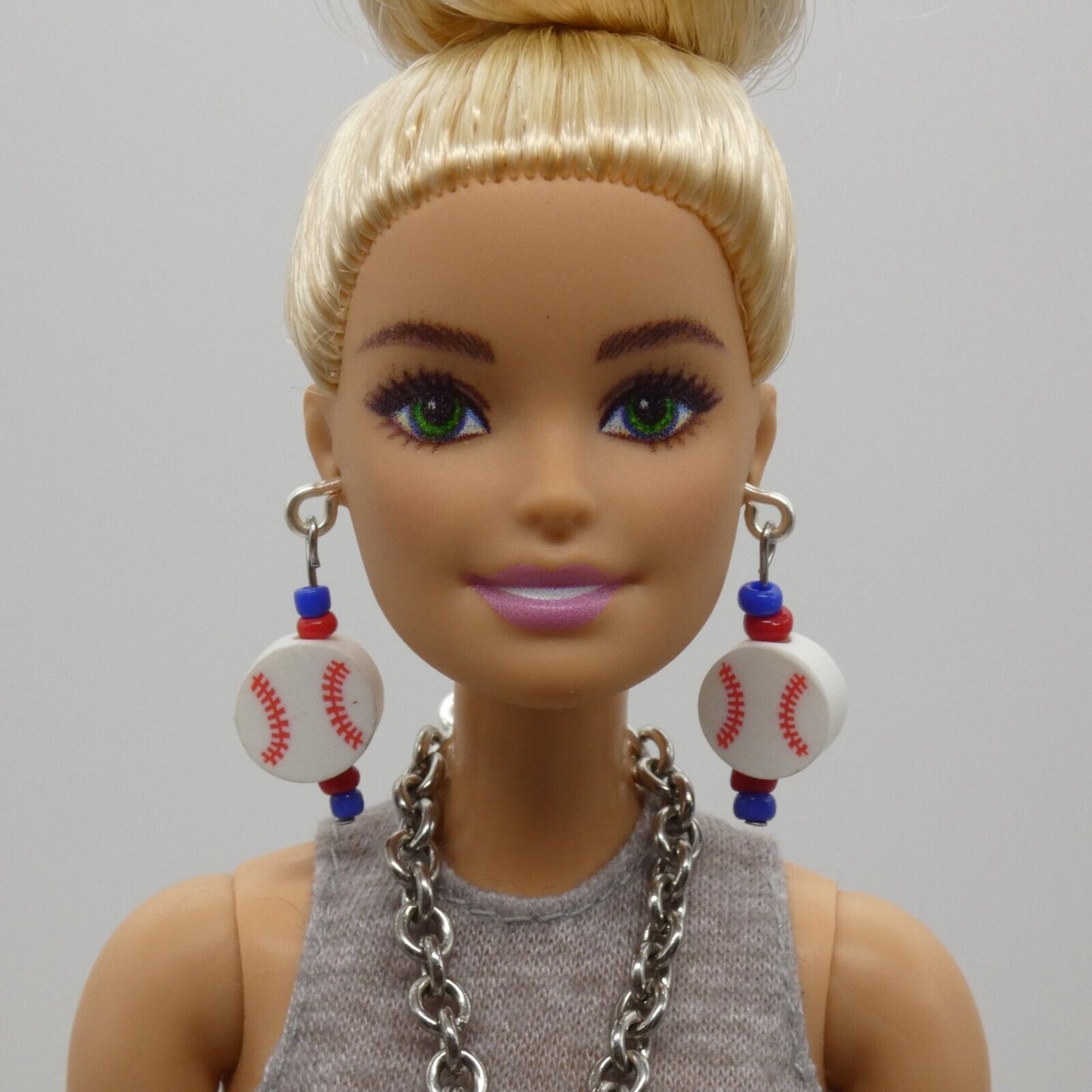 Barbie Doll Size Baseball Earrings And Necklace Blue Red Beads Texas Rangers