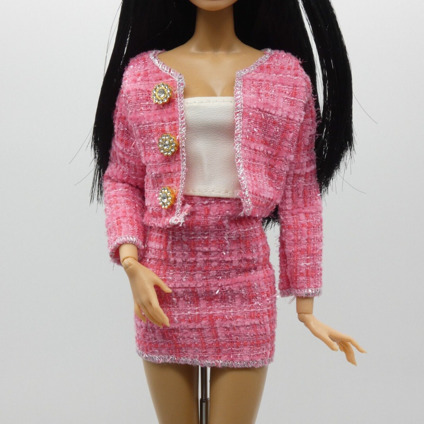 Barbie Doll Size Pink Tweed Suit Jacket Skirt Tube Top Fits Model Muse Xian Xian