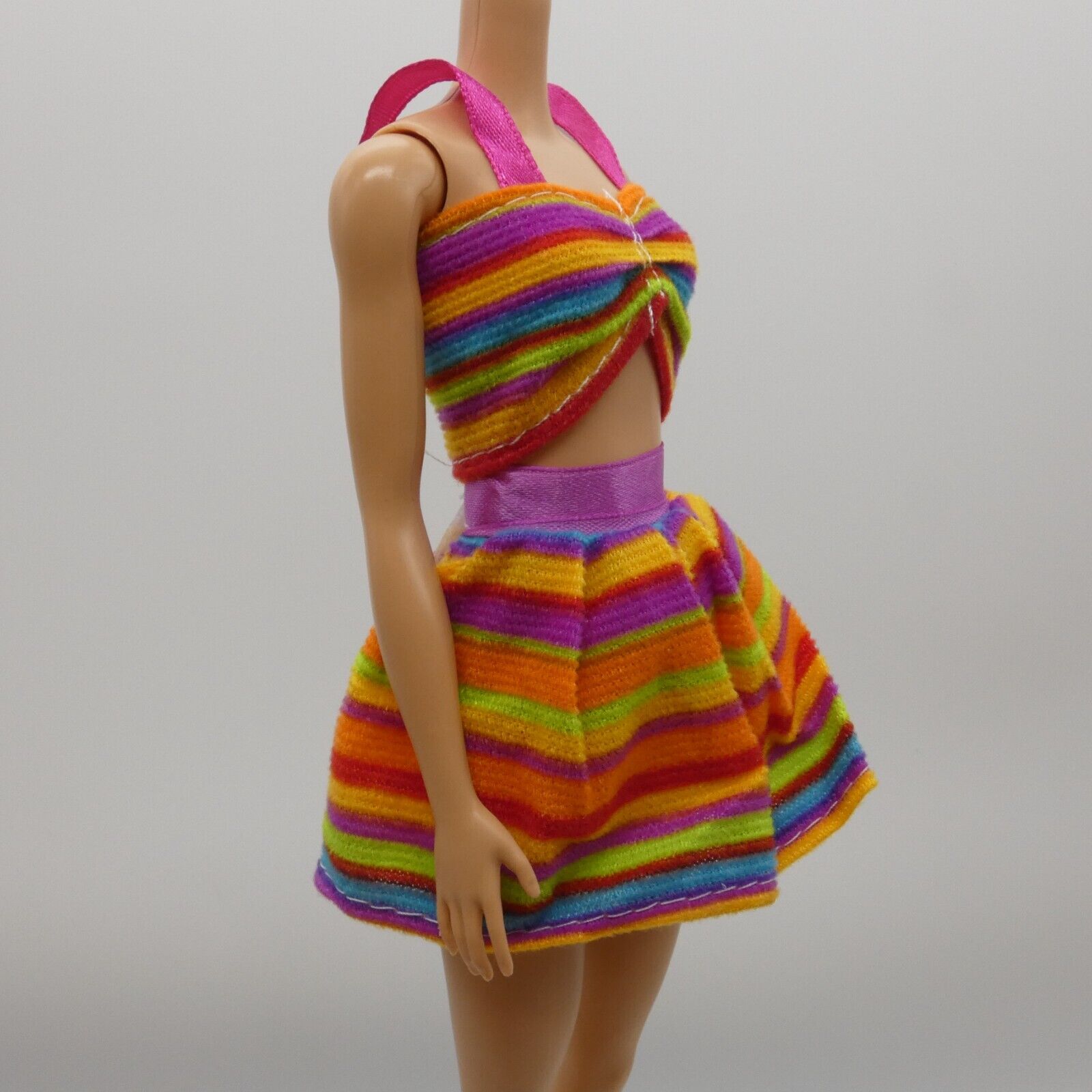 Barbie Doll Size Two Piece Bikini Swimsuit Top Skirt Rainbow Striped Clone