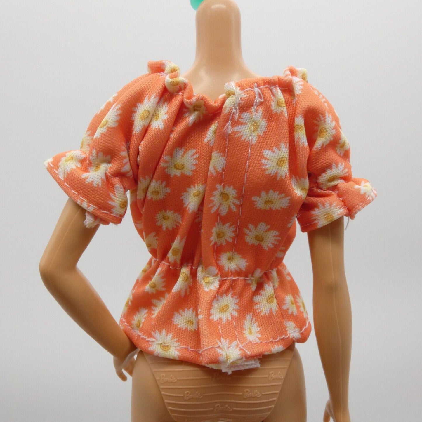 For Barbie Size Doll Peach Top Shirt Daisies Floral Bow Boat Neck Short Sleeve