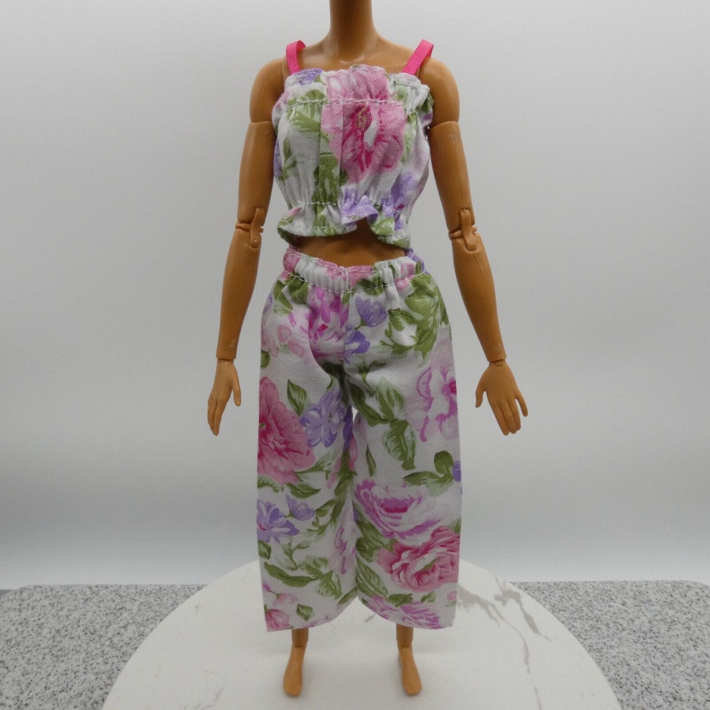 Barbie Doll Size Outfit Pink Floral Tank Top Wide Leg Pants Fit MTM Model Muse