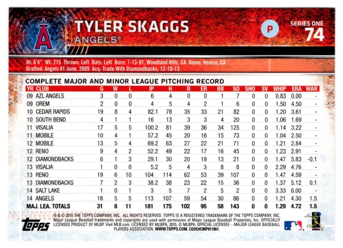 2015 Topps Tyler Skaggs Los Angeles Angels #74