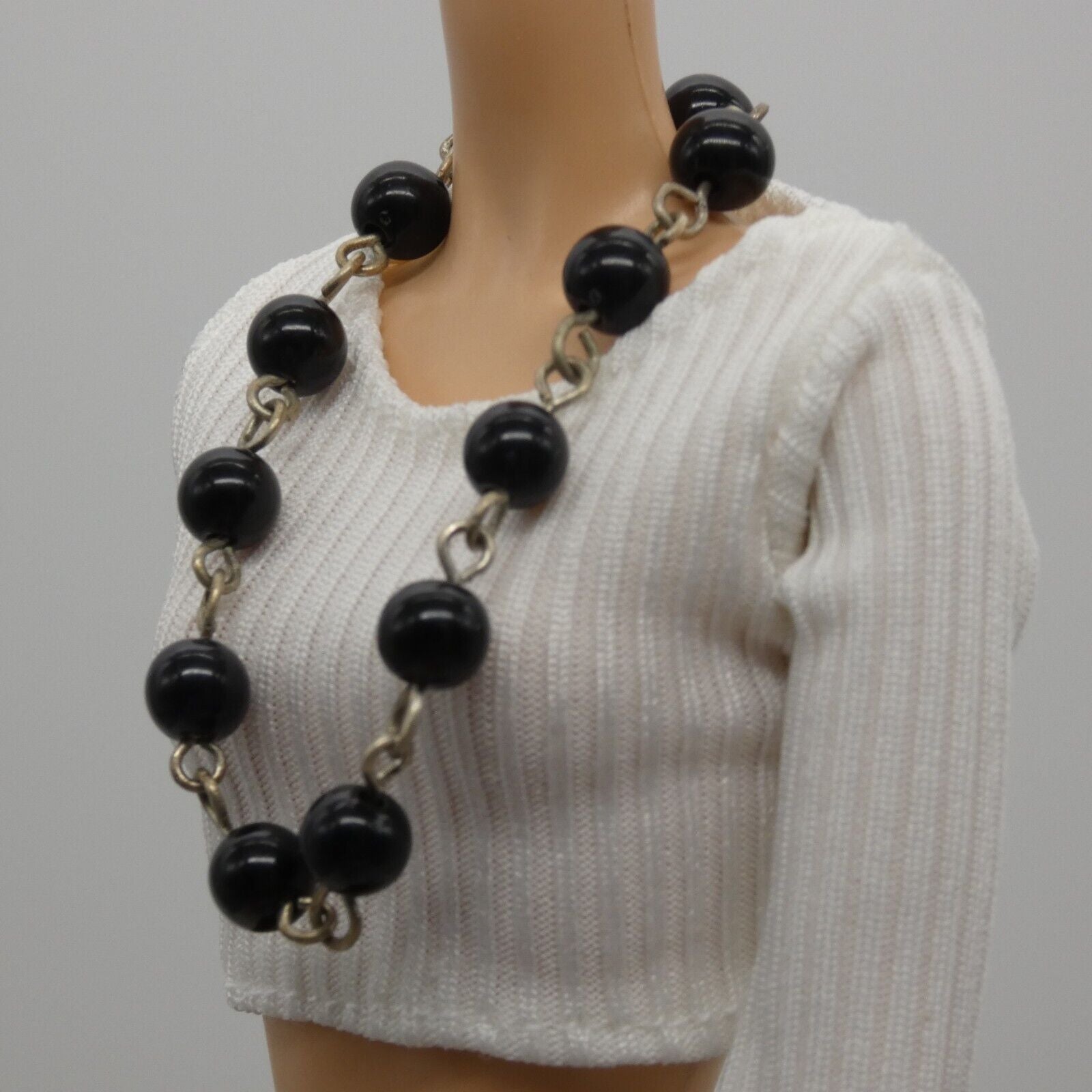 Barbie Doll Size Necklace Beaded Black Silver Chain  fits 11.5 Inch Handmade