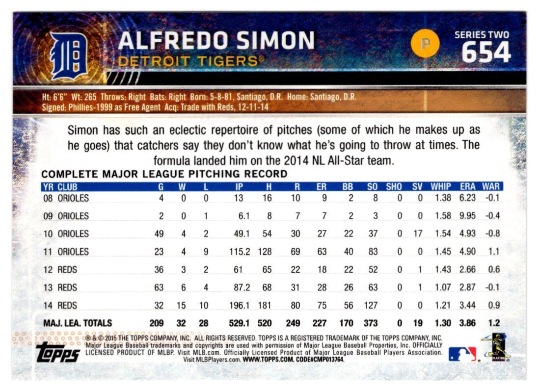 2015 Topps Alfredo Simon Detroit Tigers #654