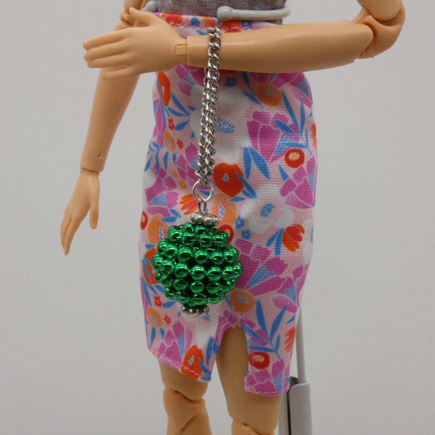 Barbie Doll Purse Handmade Green Ball Silver Chain Strap Handbag Ornament