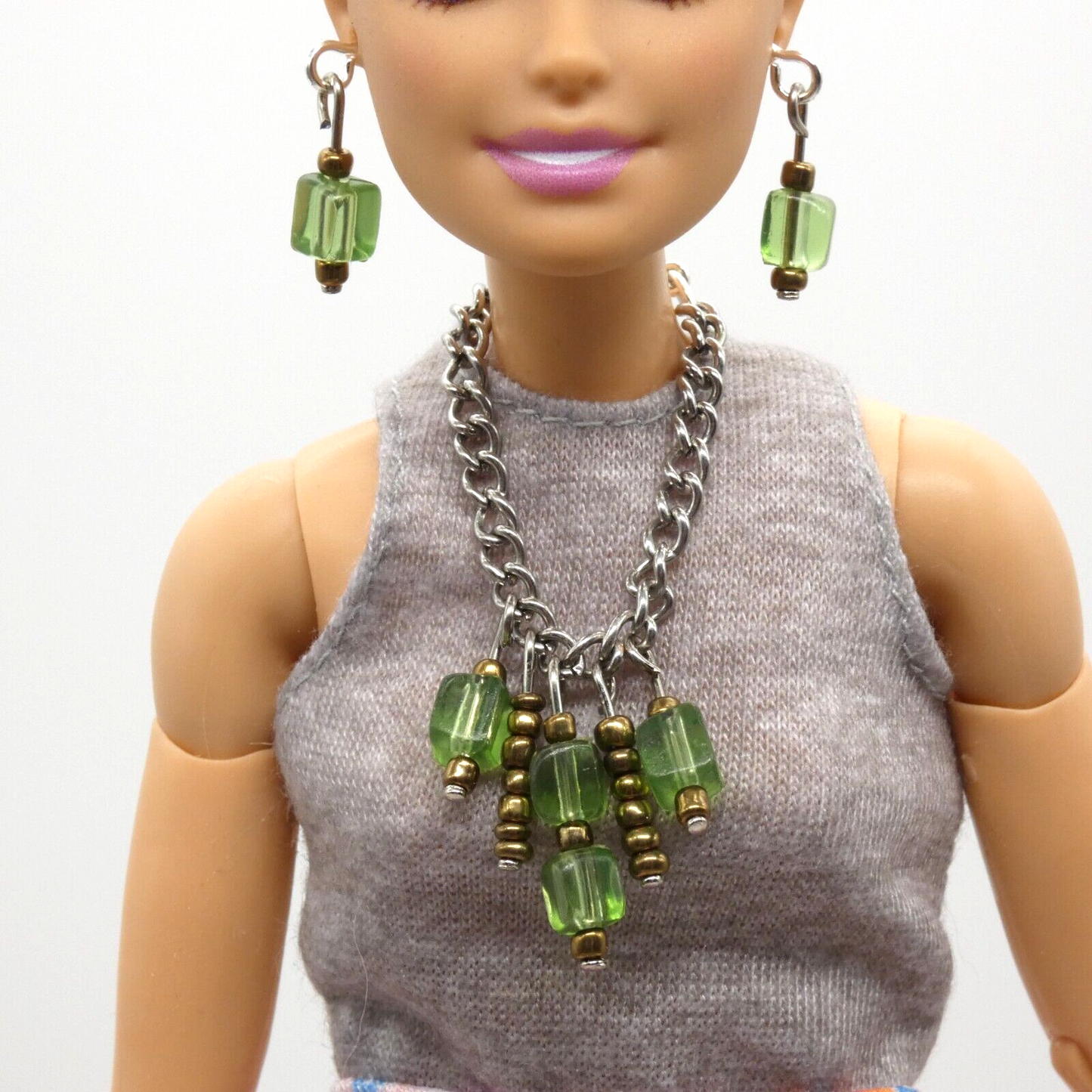 Barbie Doll Size Necklace And Earrings Green Copper Dangle Beads Silver Chain