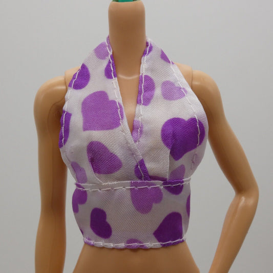 Barbie Doll Size Halter Top White Purple Hearts Crop Midriff Bikini Top Clone