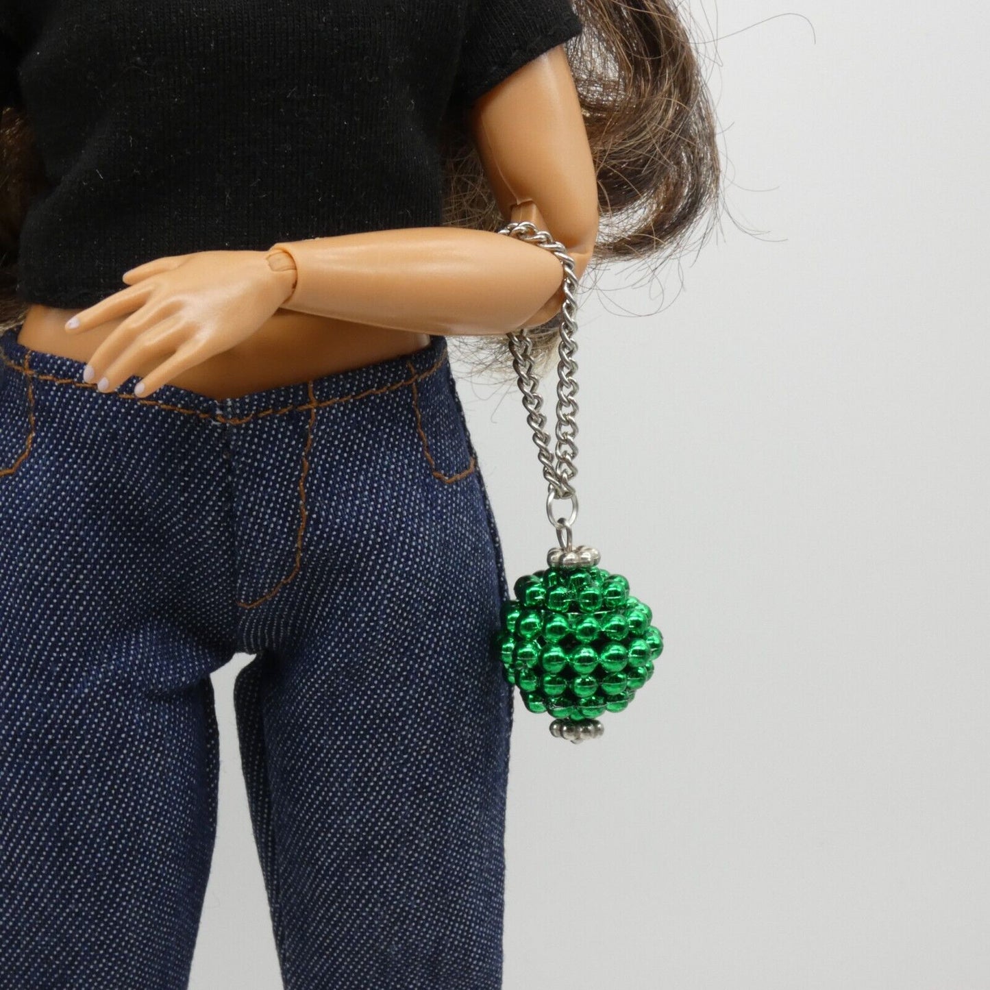 Barbie Doll Purse Handmade Green Ball Silver Chain Strap Handbag Ornament