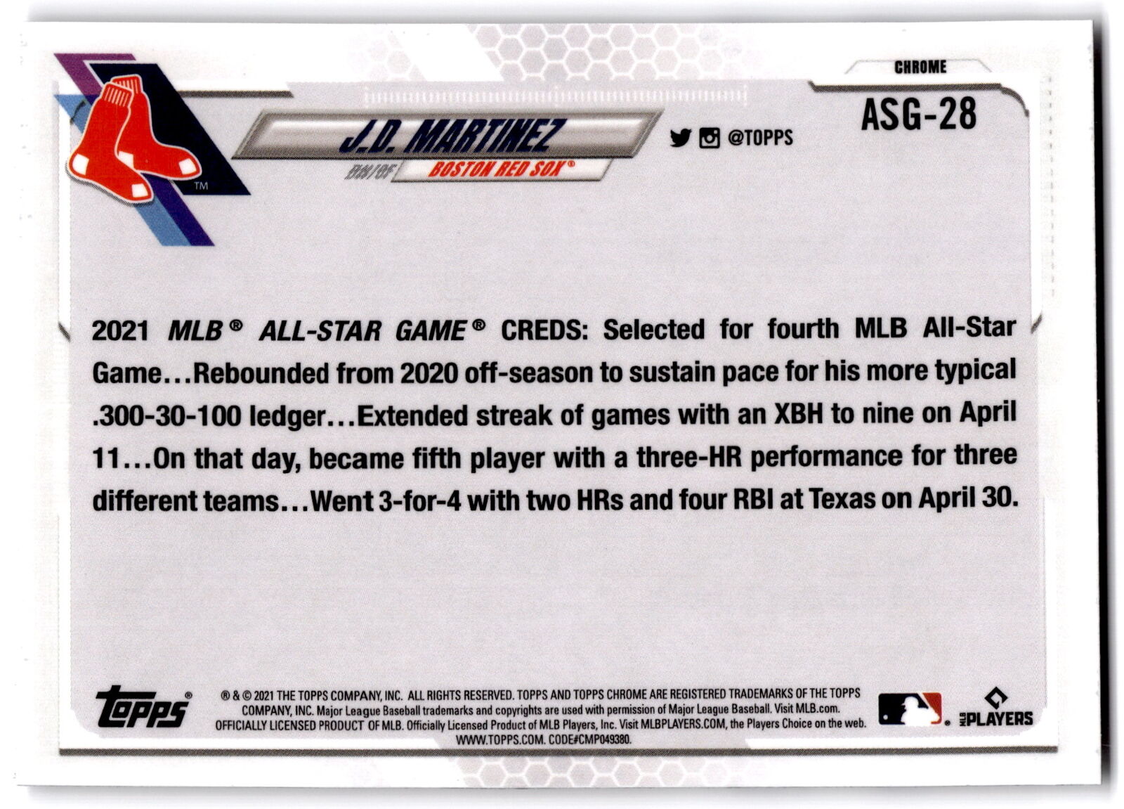 2021 Topps Chrome Update #ASG-28 J.D. Martinez 2021 All-Star Game NRMT