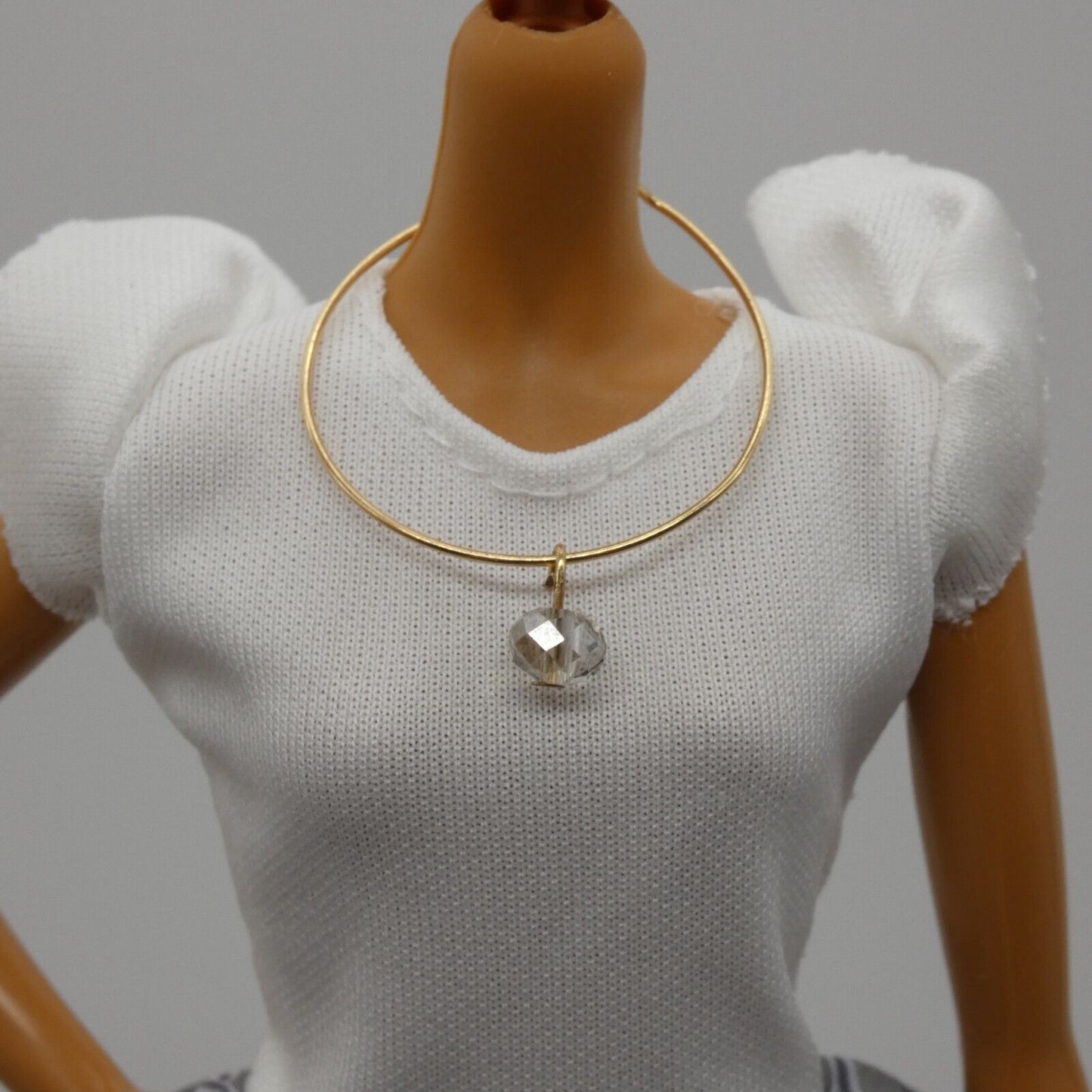 Barbie Doll Size Necklace Choker Gold Tone Band Clear Faceted Rhinestone Pendant