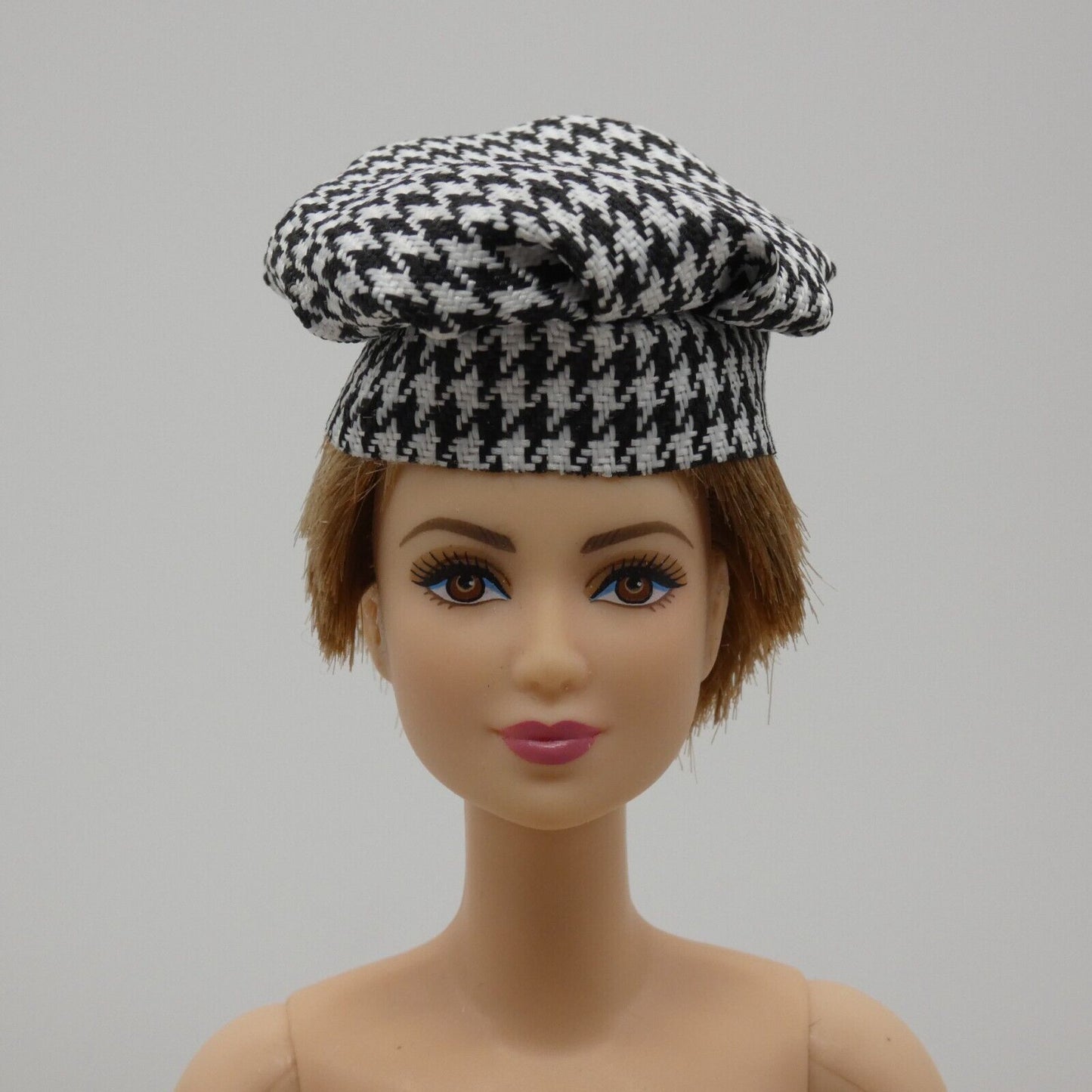 Barbie Doll Size Black White Houndstooth Hat Beret Fits 11 And 12 Inch Dolls