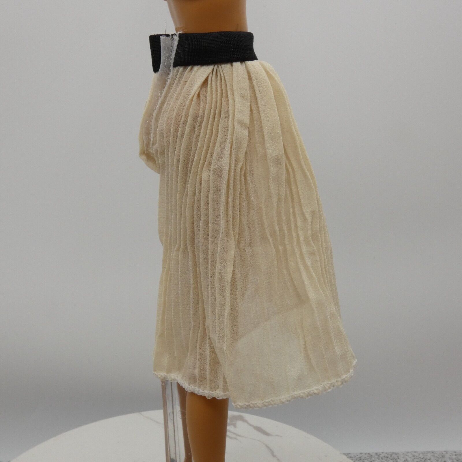 Barbie Doll Size Off White Pleated Skirt Black Waist Band Bellow The Knee