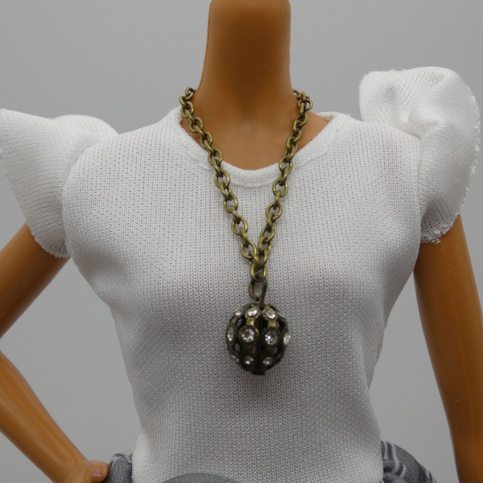 Barbie Doll Size Antique Brass Chain Necklace Rhinestone Globe Pendant