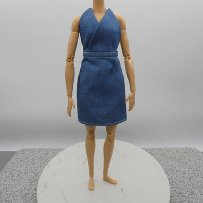 Barbie Doll Size Dress Blue Jean Denim Like Halter Fits Standard or Curvy Bodies