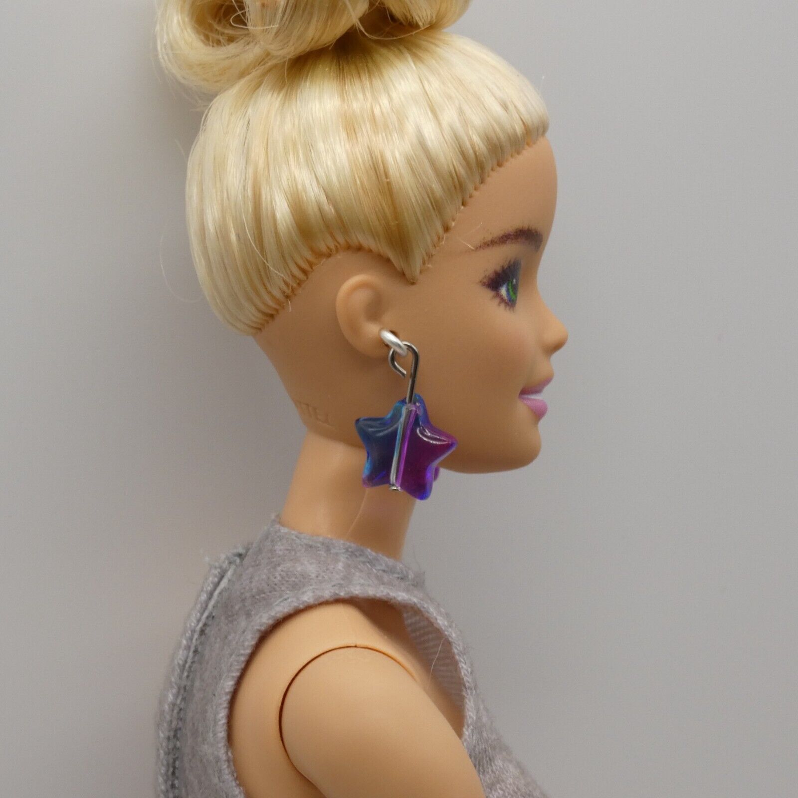 Barbie Doll Size Dangle Earrings Blue Aurora Borealis Stars Silver Handmade OOAK