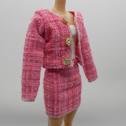 Barbie Doll Size Pink Tweed Suit Jacket Skirt Tube Top Fits Model Muse Xian Xian