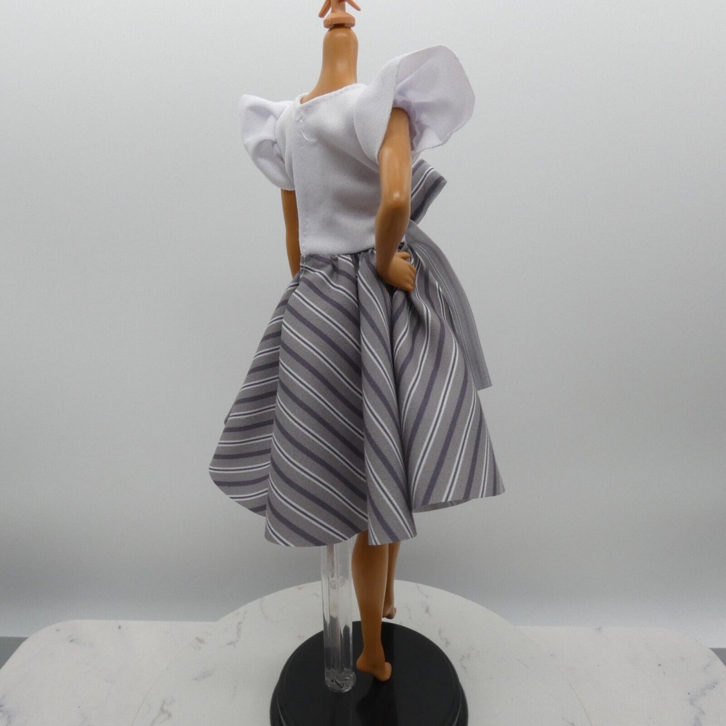 Barbie Doll Size Dress White Top Black Gray Striped Skirt Fits Model Muse MTM