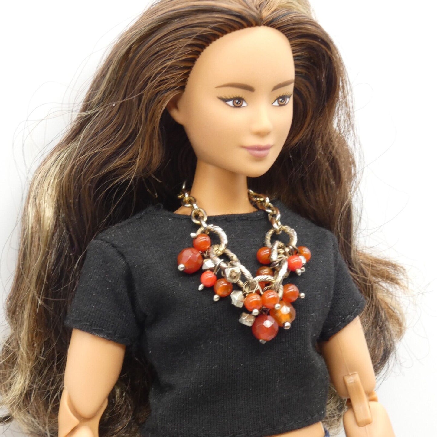 Barbie Doll Size Necklace Red Orange Dangle Beads Chunky Chain Handmade OOAK