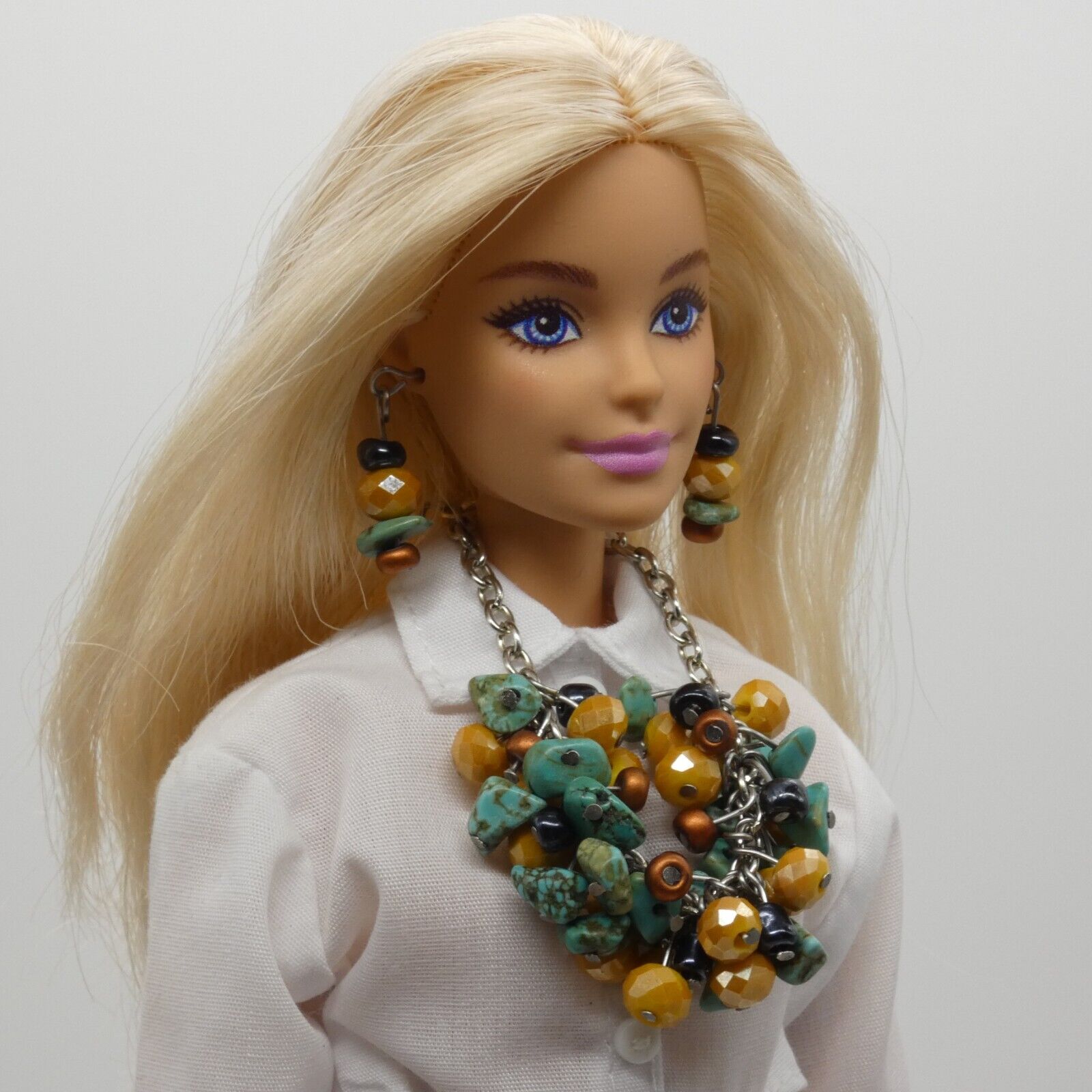 Barbie Doll Size Necklace Earrings Turquoise Yellow Dangle Beads Silver Chain