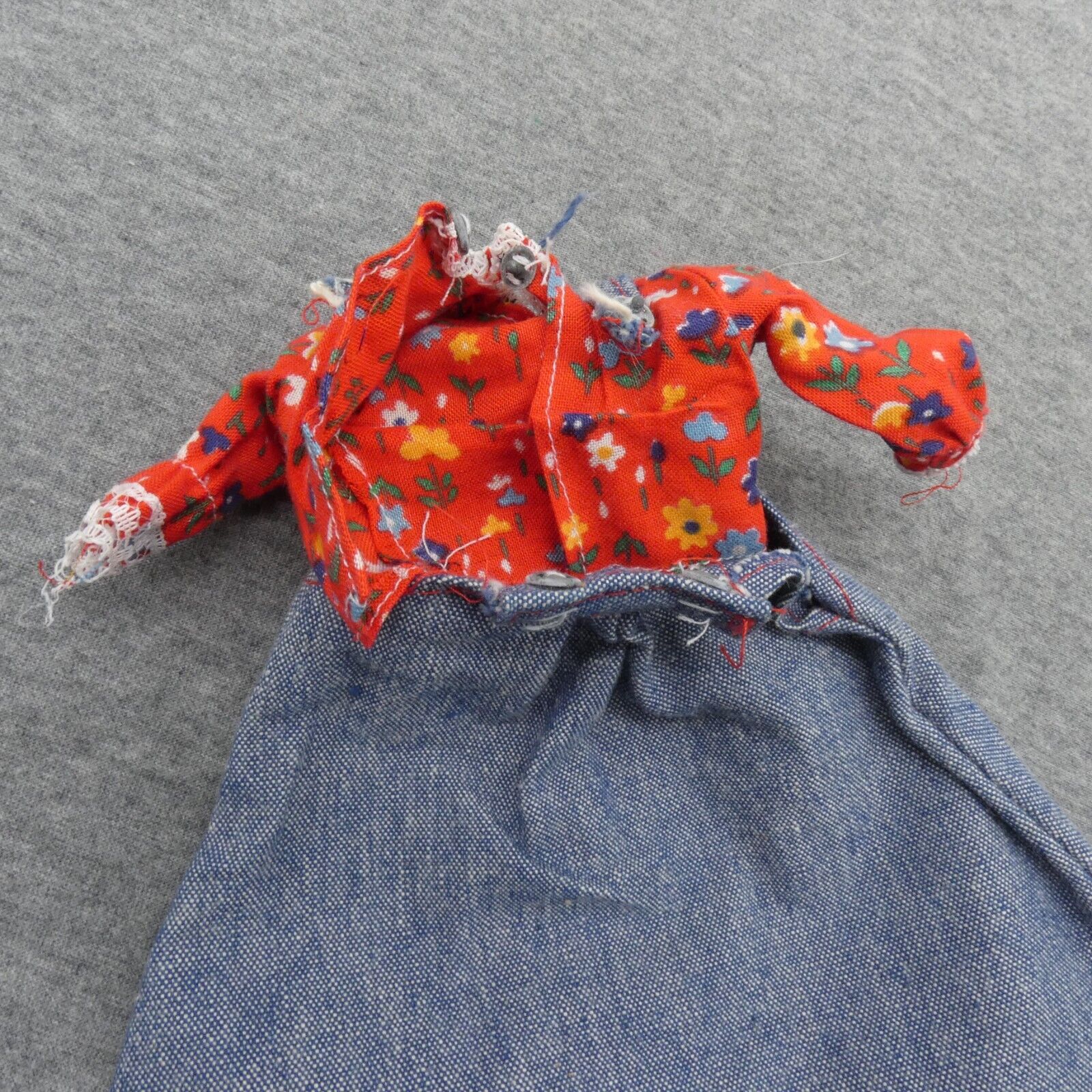 Barbie Doll Size Dress Red Floral Top Blue Denim Overalls Lace Trim Knee Length