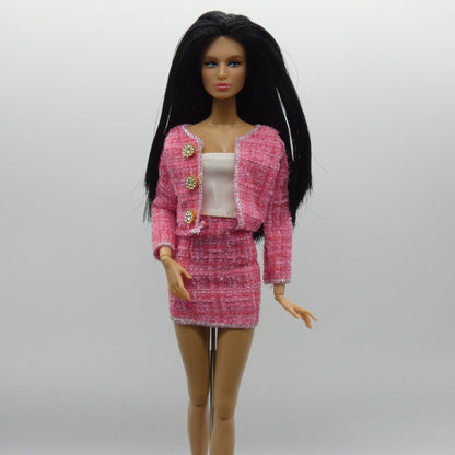 Barbie Doll Size Pink Tweed Suit Jacket Skirt Tube Top Fits Model Muse Xian Xian