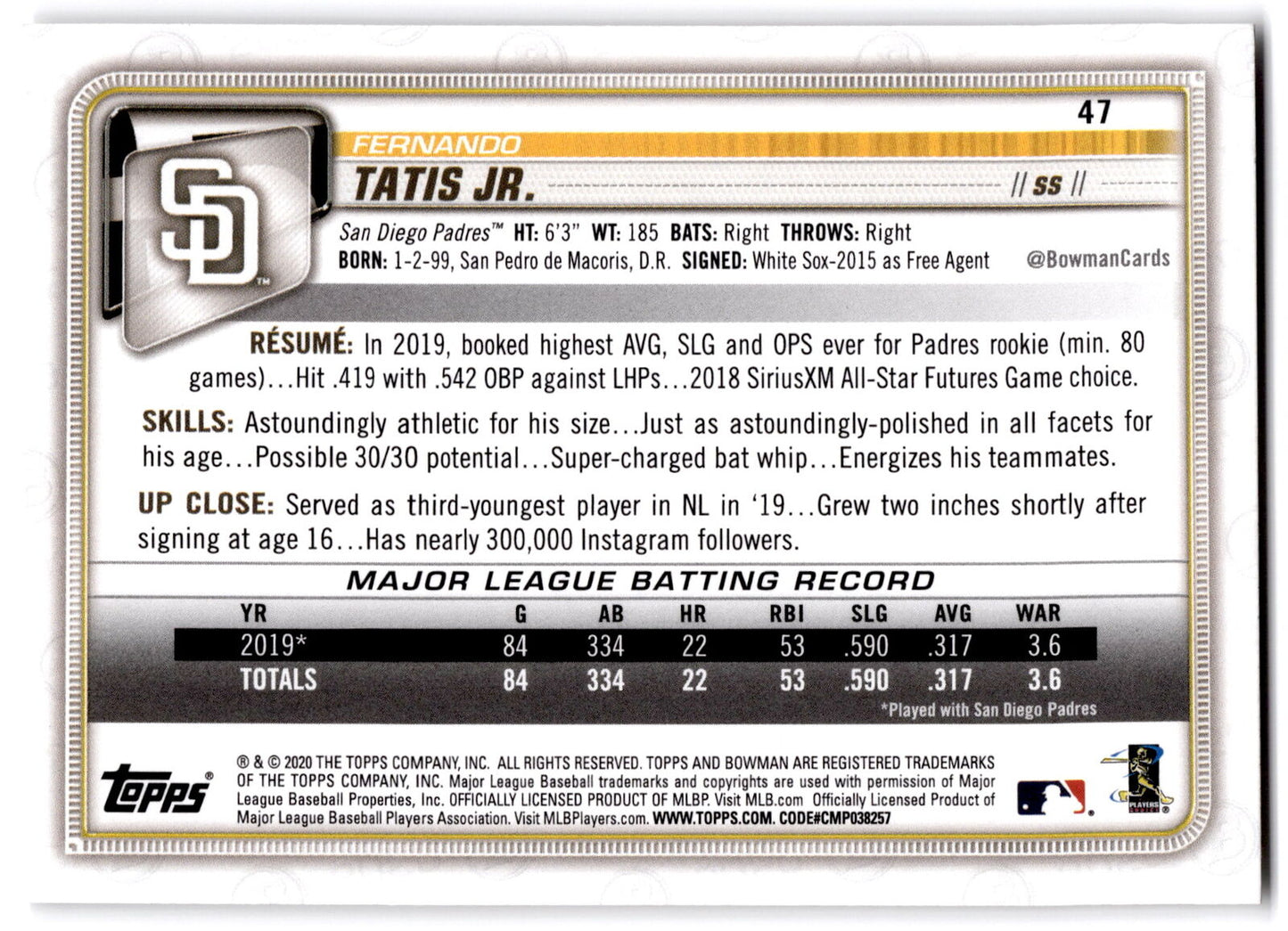 2020 Bowman #47 Fernando Tatis Jr. NRMT