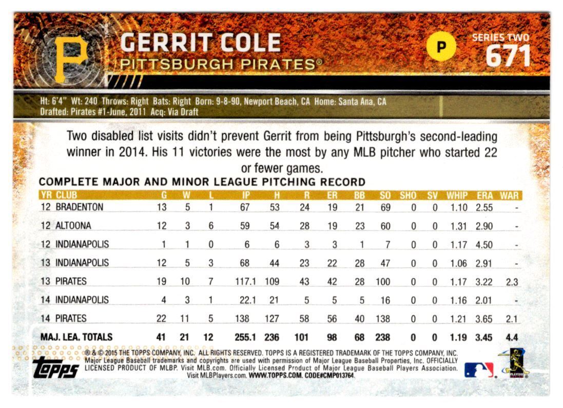 2015 Topps Gerrit Cole Pittsburgh Pirates #671