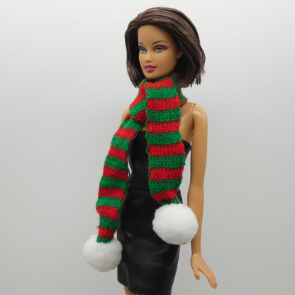 Scarf For Integrity Toys Barbie Size Doll Red Green Stripe White Puff Ball Knit