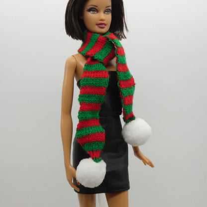 Scarf For Integrity Toys Barbie Size Doll Red Green Stripe White Puff Ball Knit