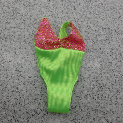 Barbie Doll Size Swimsuit Bathing Suit Green Pink Gold Bodice One Piece