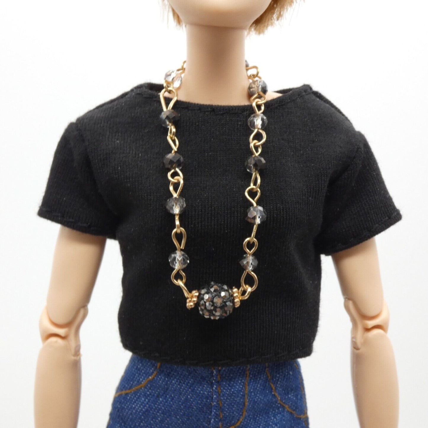 Barbie Doll Size Chain Necklace Black Rhinestone Beaded Pendant Gold Handmade