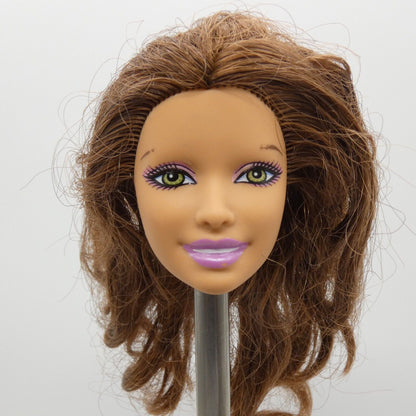 Barbie Doll Head Summer Face Missing Make-up Eyebrows Brown Hair Green Eyes