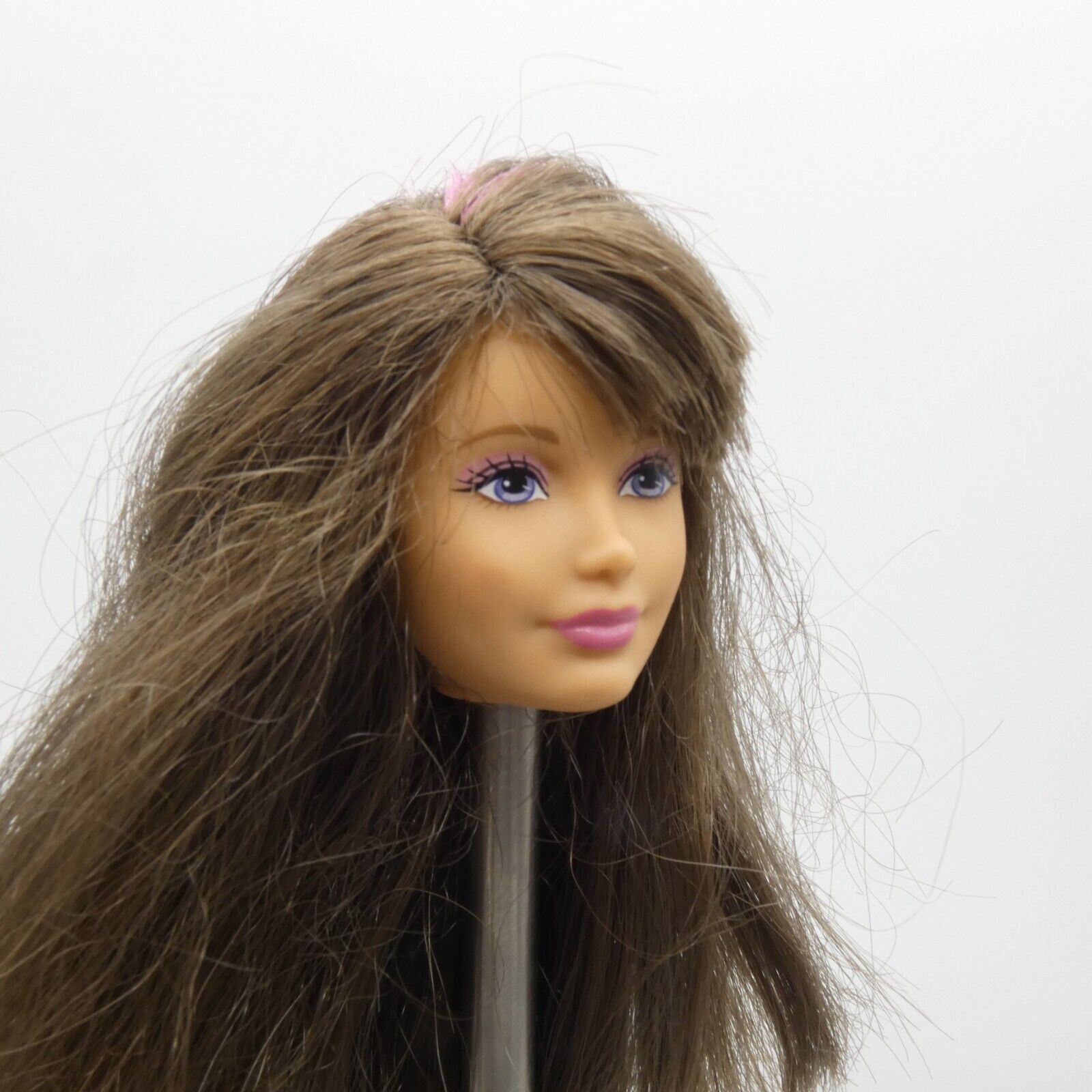 Barbie Skipper Doll Head Brown Hair Pink Highlight Bangs Purple Eyes