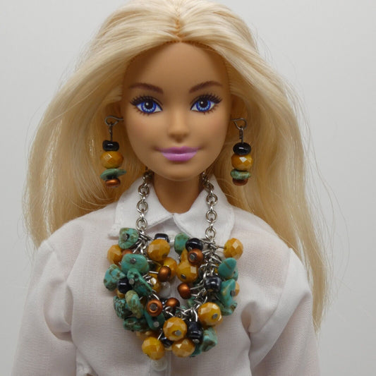 Barbie Doll Size Necklace Earrings Turquoise Yellow Dangle Beads Silver Chain