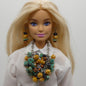 Barbie Doll Size Necklace Earrings Turquoise Yellow Dangle Beads Silver Chain