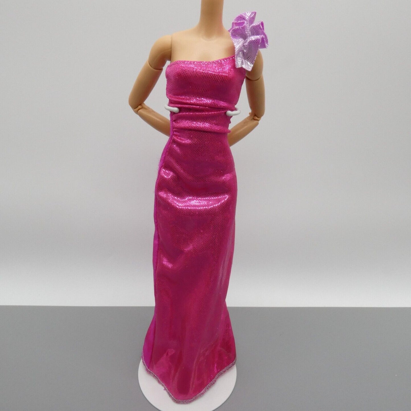 Barbie Doll Dress Pink Metallic Magenta Maxi Gown One Shoulder Ruffle Strap