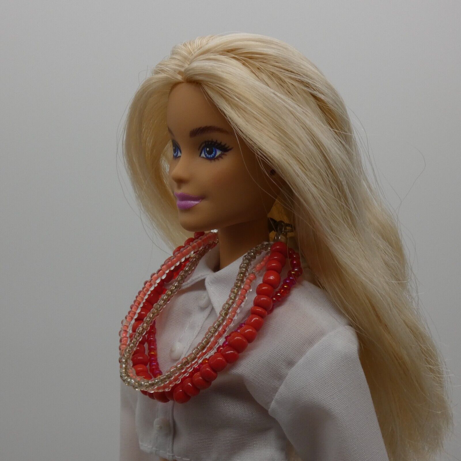 Barbie Doll Size Layered Necklace Red Pink Silver Multi-strand Handmade OOAK