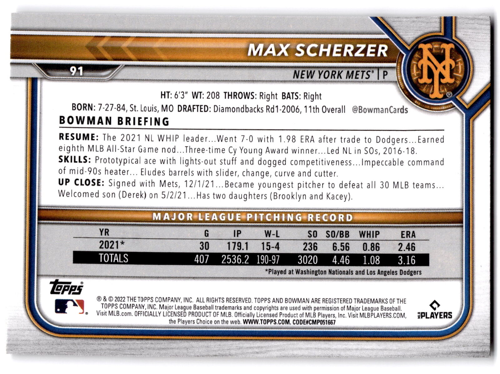 2022 Bowman #91 Max Scherzer 