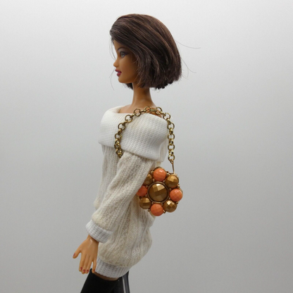 Barbie Doll Size Daisy Purse Peach Antique Gold Faceted Shoulder Bag Handmade