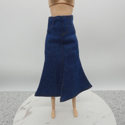 Barbie Doll Size Long Skirt Blue Jean Maxi A Line Slit High Waist Fit Model Muse