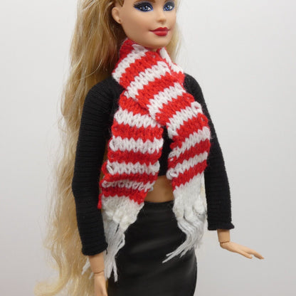 Scarf For Integrity Toys Barbie Size Doll Red White Stripe Fringe Knitted FR