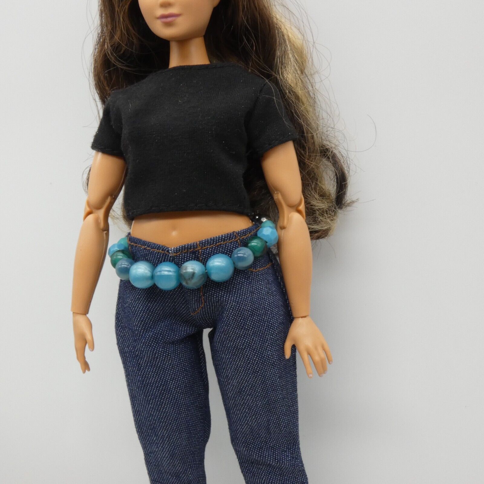 Barbie Doll Size Belt Blue Turquoise Teal Beaded Fits Curvy Adjustable Handmade