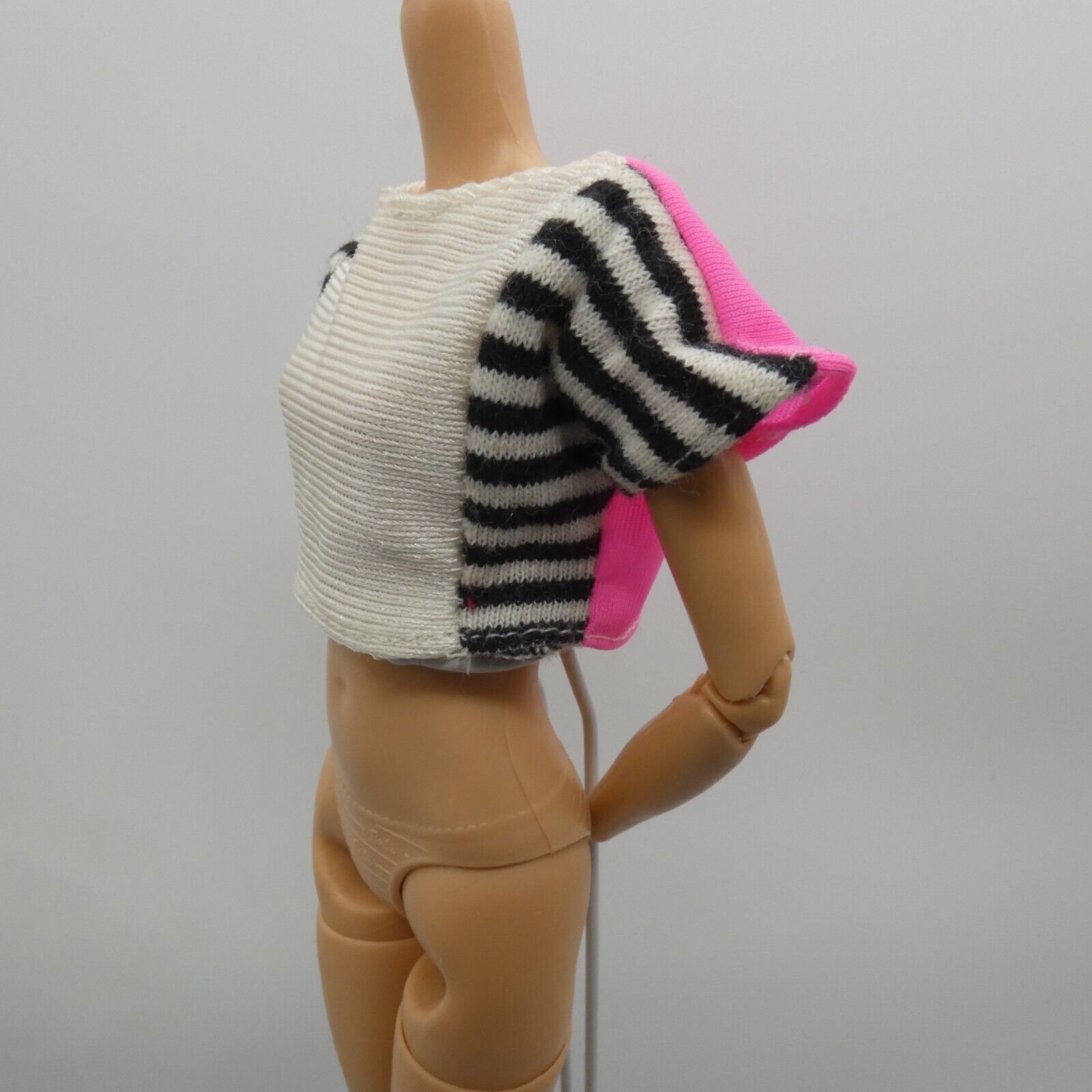 Barbie Doll Size Crop Top White Black Striped Pink Back Midriff Short Sleeve 80s