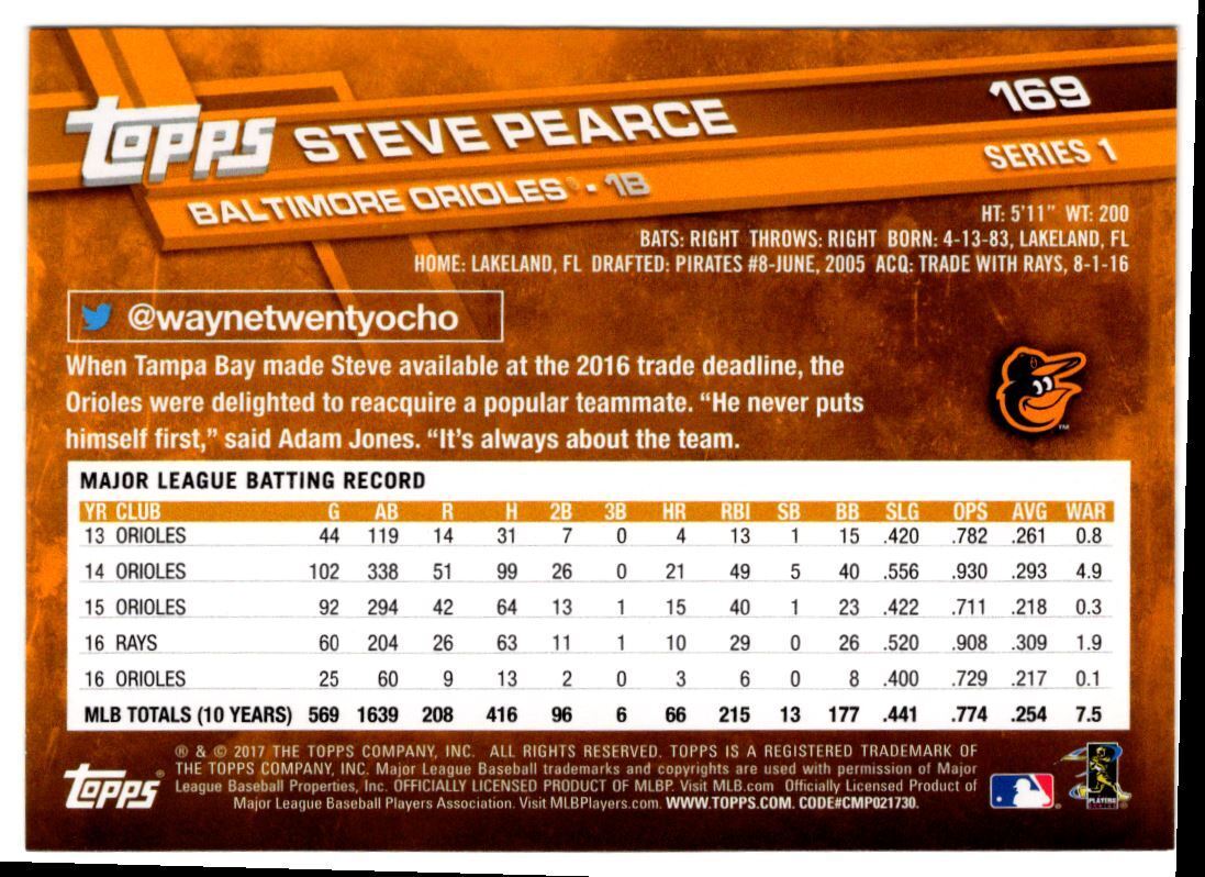 2017 Topps Steve Pearce Baltimore Orioles #169