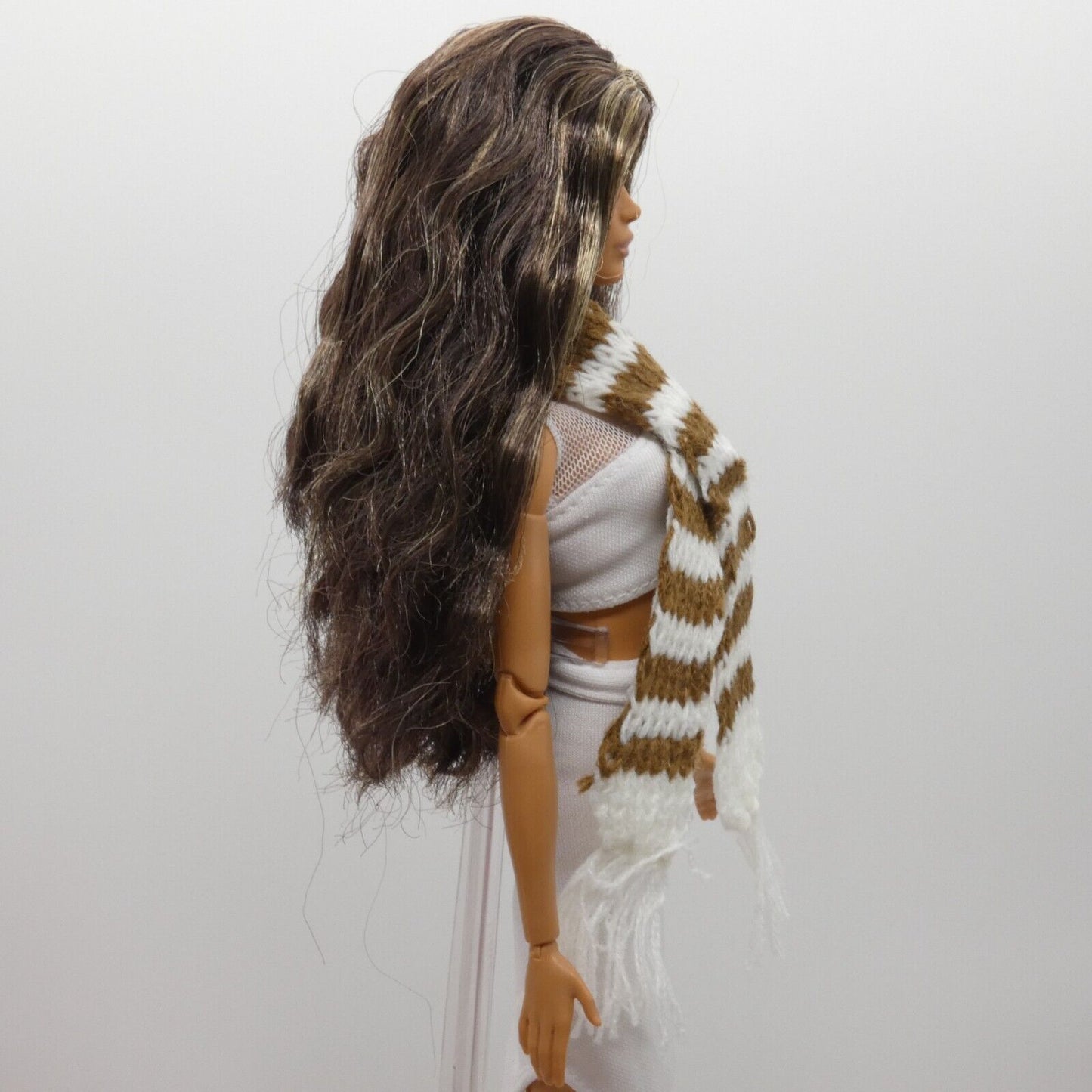 Scarf For Integrity Toys Barbie Size Doll Brown White Stripe Fringe Knitted FR