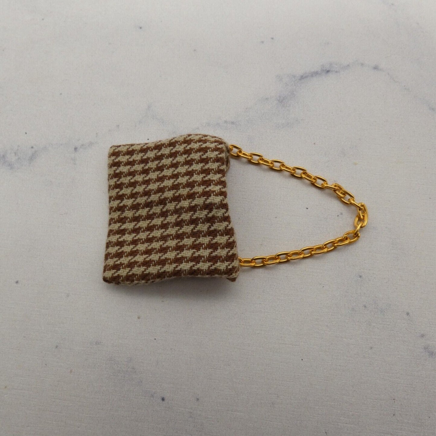 Barbie Doll Size Purse Brown Beige Houndstooth Fabric Handbag Gold Tone Chain