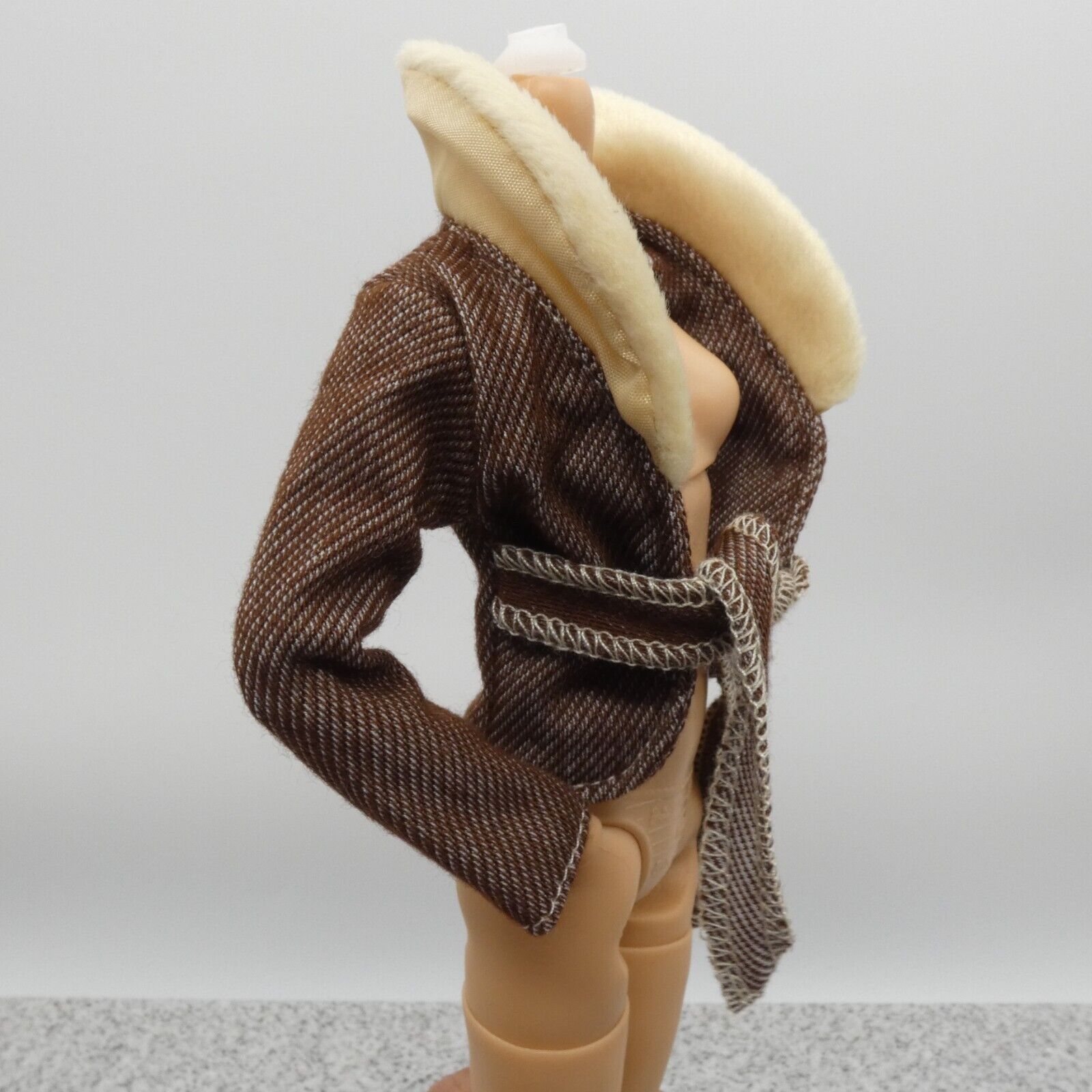 Barbie Doll Size Coat Jacket Brown Faux Leather Felt Oversized Collar Clone