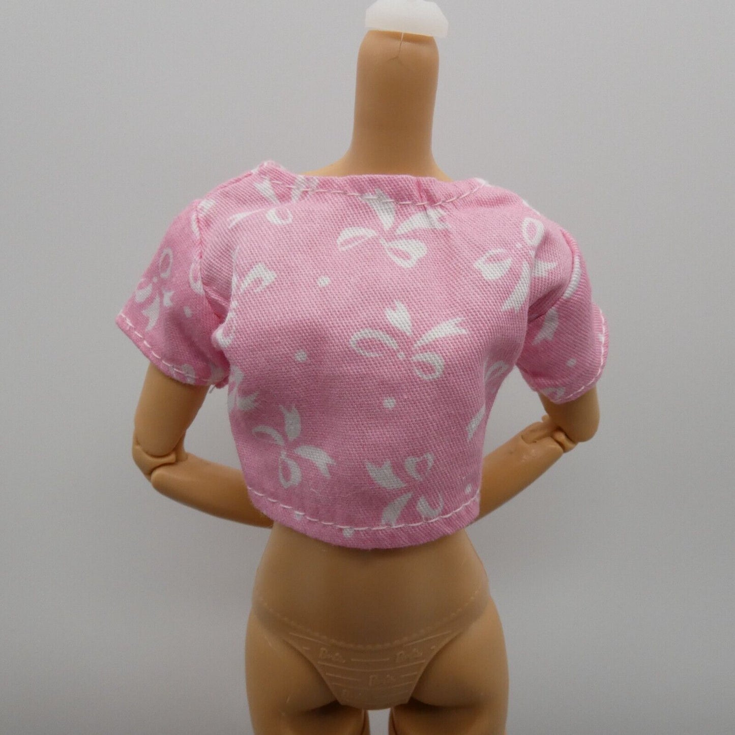 Barbie Size Doll Shirt Crop Top Pink Bow Blouse Short Sleeve Midriff Clone